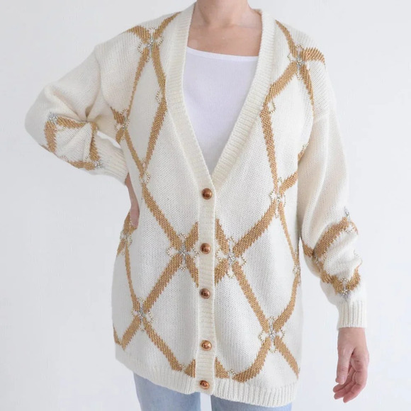 Sweaters - Vintage Joeclyn Smith Cream & Gold Button Up  Cardigan Knit Cardigan L